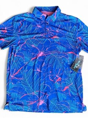 Birdie Bound Blue and Pink Tropical Performance Golf Polo
